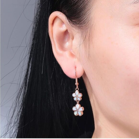 18K Rose Gold with Genuine Pink Fire Opal Double Flower Dangling Hook Earrings - Picture 5 of 5